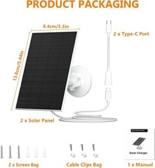 Solar Panel for Security Camera, 2 Pack 2W Solar Charger with Micro USB & USB-C