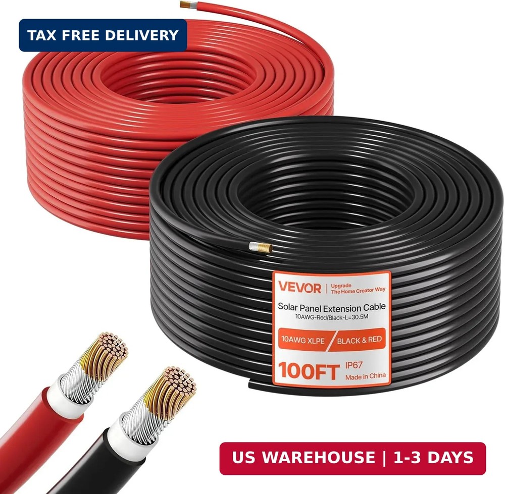 VEVOR Solar Panel Wire, 100 ft Black + 100 ft Red Kit, 10 AWG (6 mm²) Solar Pane