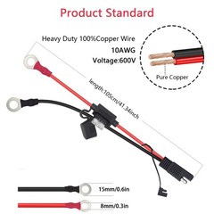 3.3 FT SAE Connector 10AWG Pure Copper SAE Extension Cable to Ring Terminal, …