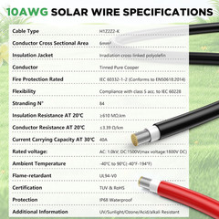 2X100Ft Solar Wire 10AWG， Solar Panel Cable Tinned Copper PV Wire for Outdoor Ca
