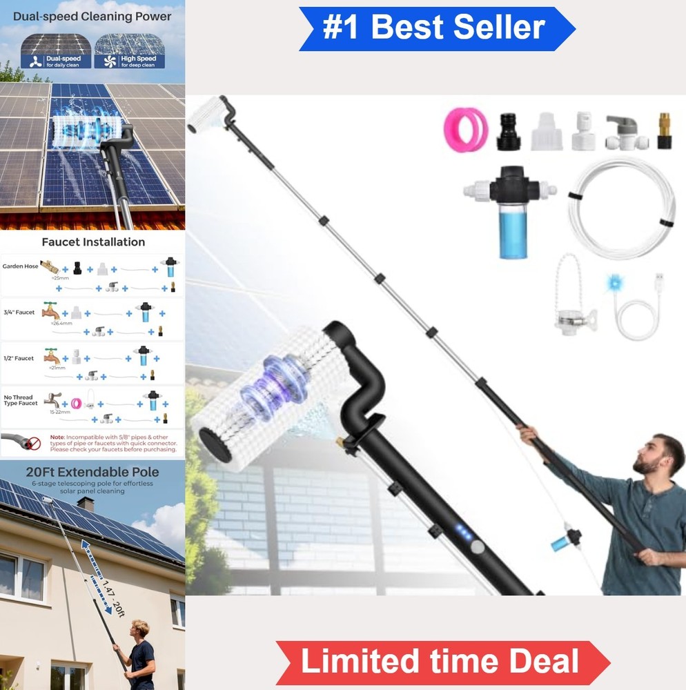 Electric Solar Panel Cleaning Brush Kit 20Ft Extendable Water Fed Pole Dual