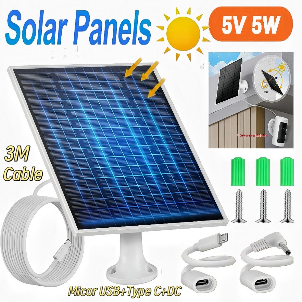 Solar Panel for Security Camera, 5W 5V Solar Charger with USB DC & Type-C Port