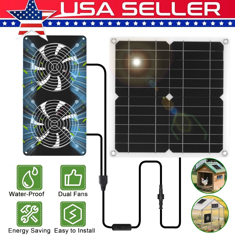 Waterproof 15W Solar Panel with 2 Fans Kit For Chicken Coops Sheds Pet Houses