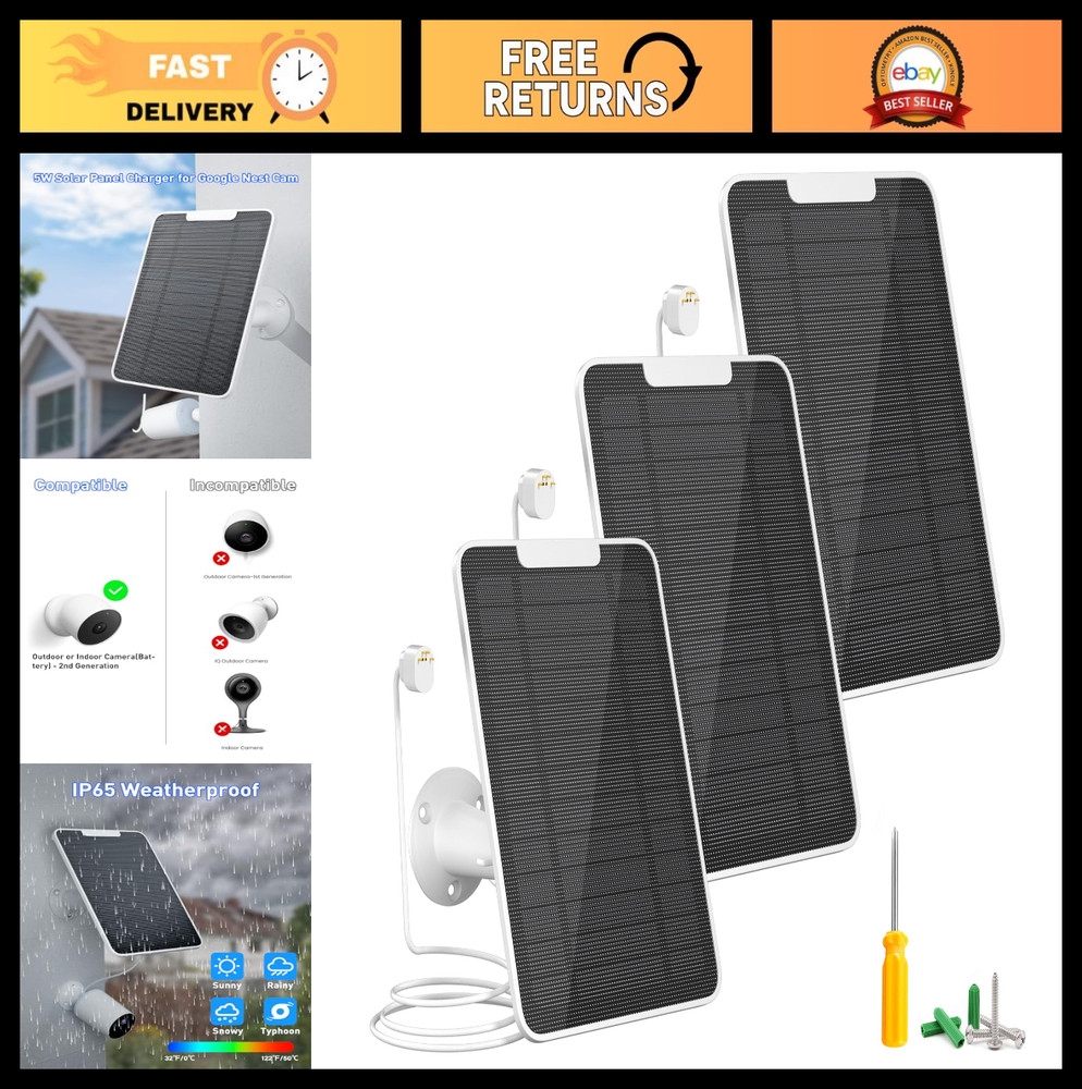 5W Solar Panel for Nest Camera – IP65 Waterproof, 13ft Cable, 3 Pack – Outdoor/I