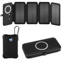 Solar Charger Power Bank 5000mAh with 4 Foldable Panels & 2 Built-in Cables,