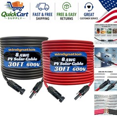 Durable 30ft Weatherproof 8 AWG Solar Cable with PV Connectors for Maximum Power