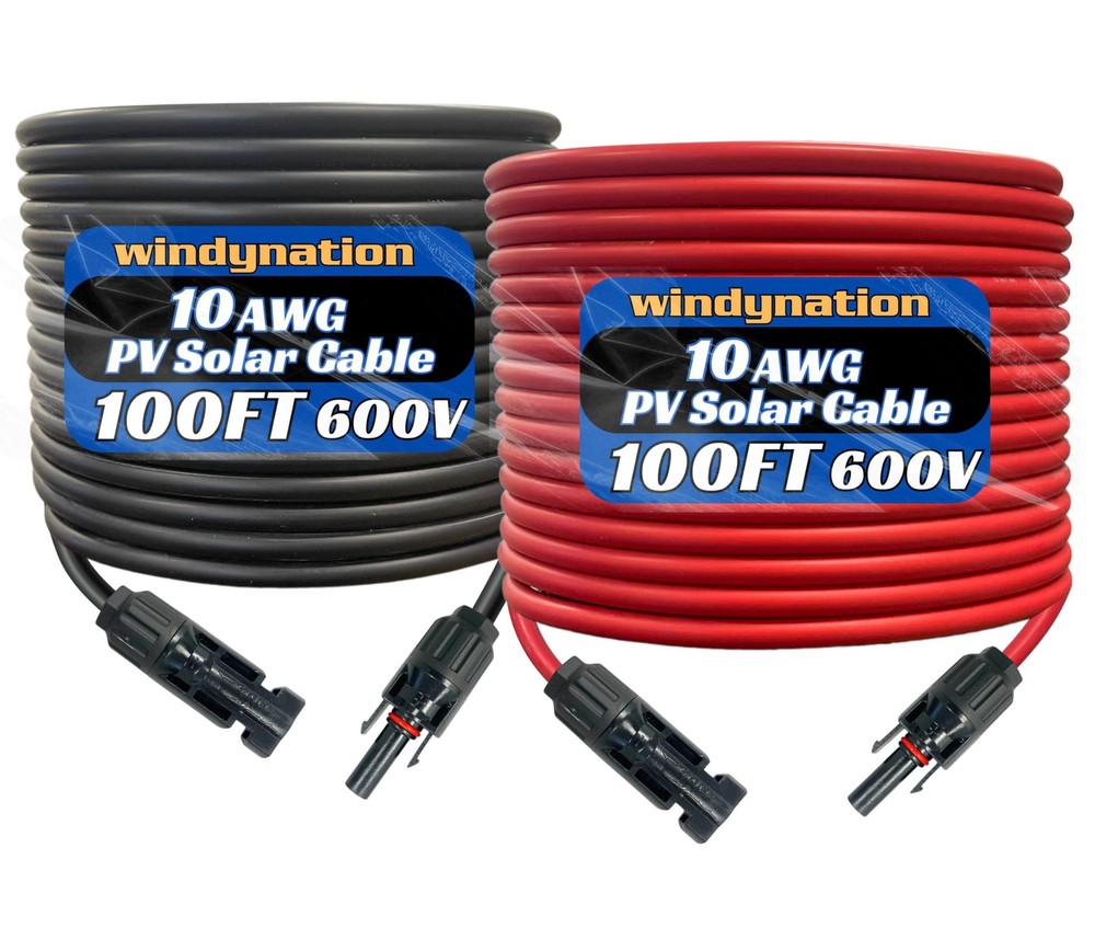 WindyNation 10 Gauge 10 AWG Pair 100 Feet Black +100 Feet Red PV Photovoltaic…