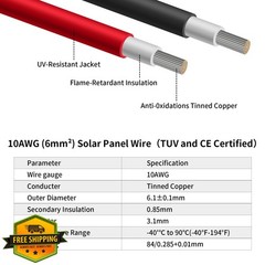 Behaunty Solar Extension Cable 10AWG 6mm² 2 FT Black Red