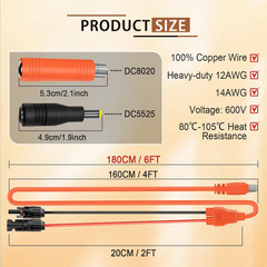 Solar Panel Adapter for Jackery, 6FT/1.8M Compatible with MC-4 to DC 8Mm Extensi