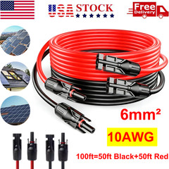 100FT 10 AWG Solar Panel Extension Cable PV Wire Solar Connectors Pair 6mm²