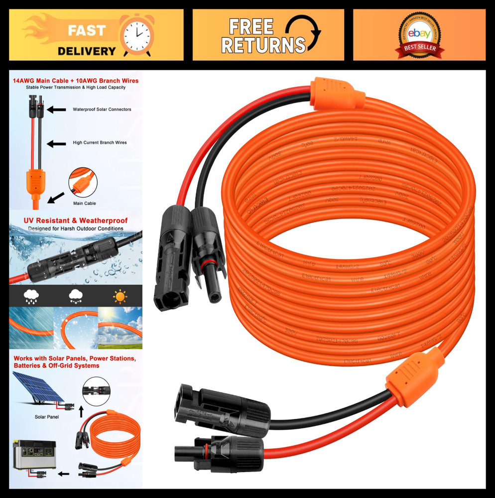 50FT Solar Extension Cable, 14AWG Tinned Copper, Heavy Duty Power Cord for RV, I