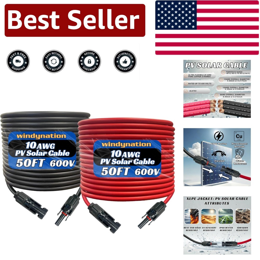 Superior Performance 10 AWG Solar Cable – 50ft Black & 50ft Red with Connectors