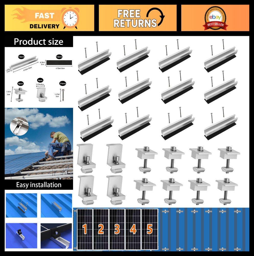 Solar Panel Mounting Bracket Kit – 12 Pcs Aluminum Rail & Z-Brackets for Metal,