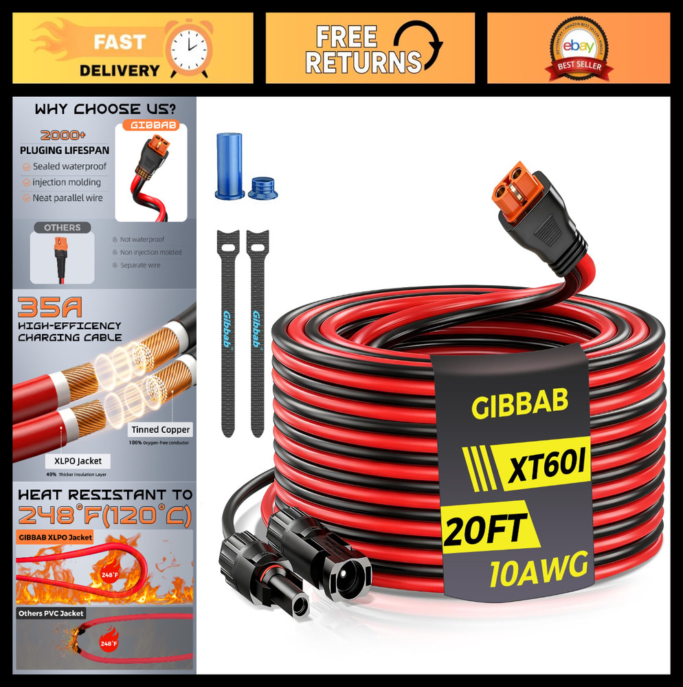 20FT 10AWG Solar Panel Connector XT60i-F Adapter Extension Charging Cable for Ec