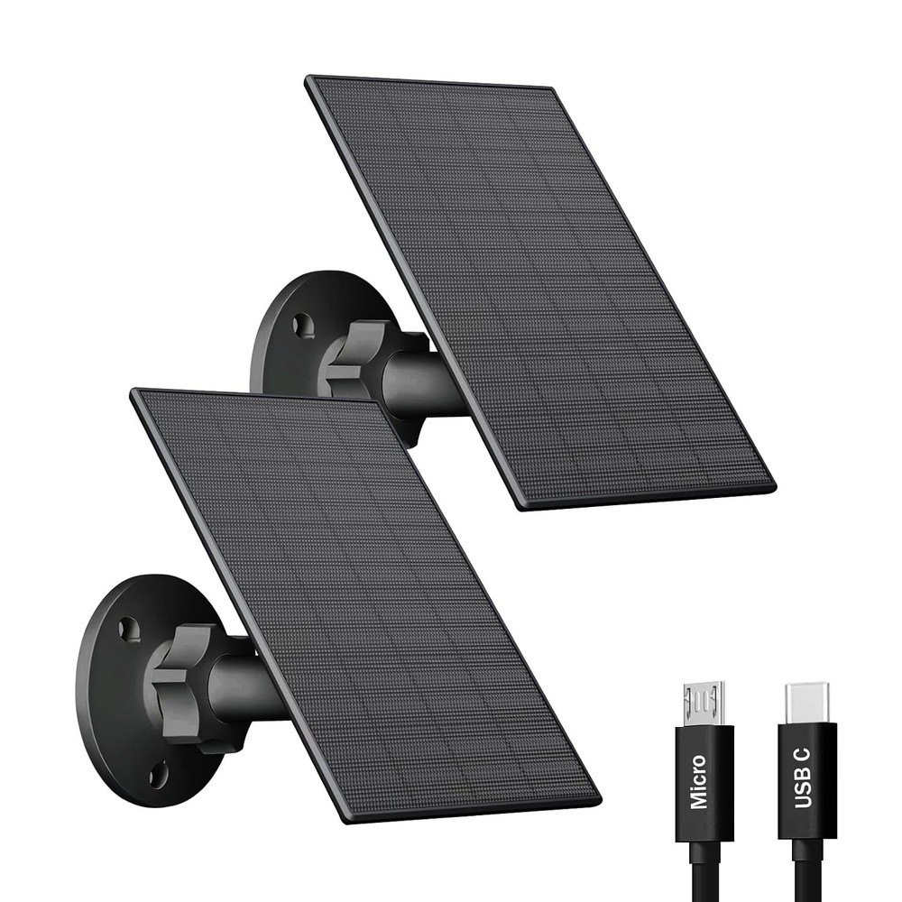 2W Security Camera Solar Panel IP65 Waterproof USB C Micro USB Black 2 Pack
