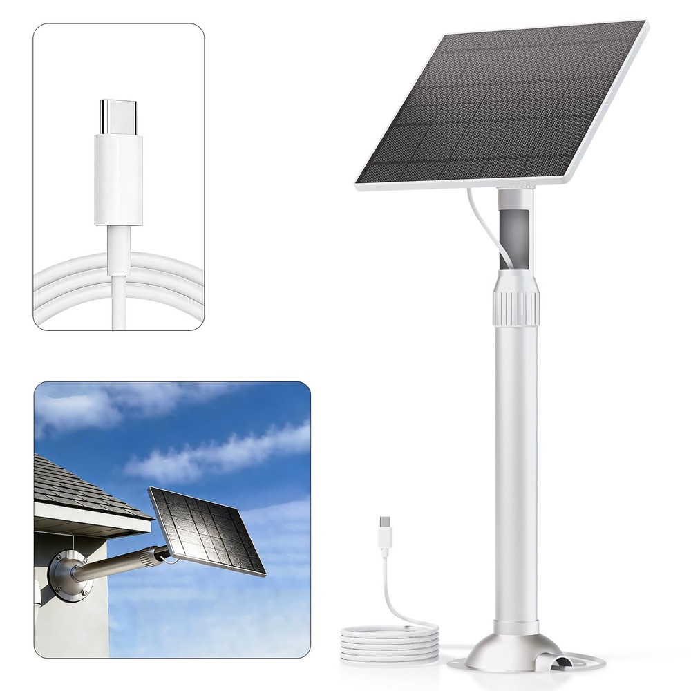 5W Solar Panel For Ring Battery Outdoor Camera With Pole 10ft USB-C Cable Mount