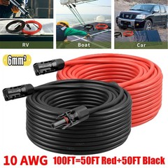 10 AWG Solar Panel Extension Cable PV Wire Solar Connector Pair Black & Red 6mm²