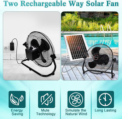 15000Mah 12 Inch Solar Panel Powered Fan, 2 in 1 Solar Panel or AC Charger Power