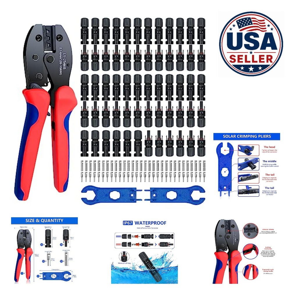 Solar Connector Crimping Tool Kit 60 Piece Male Female IP67 Waterproof 2.5 4 6
