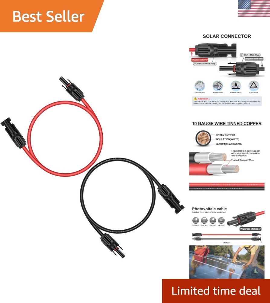 3 Feet 10AWG Solar Extension Cable with Solar Panel Female and Male Connector…