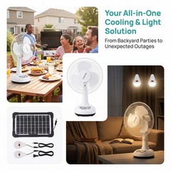 12″ Solar Rechargeable Desk Fan 2-Speed Portable Camping Fan + 2 LED Light Bulbs